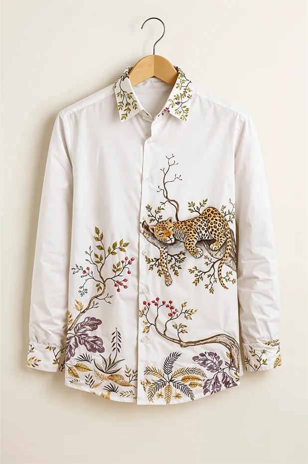 Men’s White Wildlife Printed Cotton Shirt