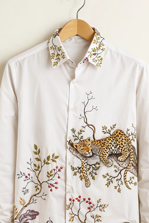 Men’s White Wildlife Printed Cotton Shirt