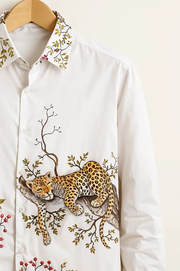 Men’s White Wildlife Printed Cotton Shirt