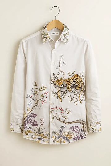 Men’s White Wildlife Printed Cotton Shirt