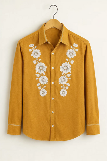 Men’s Mustard Floral Embroidered Printed Cotton Shirt