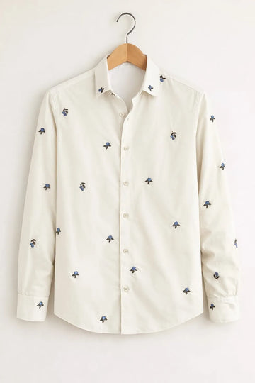 Men’s White Micro Floral Embroidered Printed Shirt