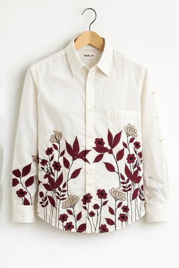 Men’s White Floral Embroidered Printed Cotton Shirt