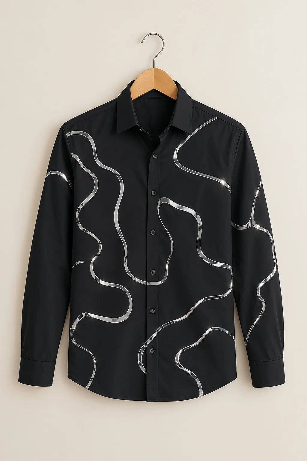 Men's Black Silver Line Print Shirt