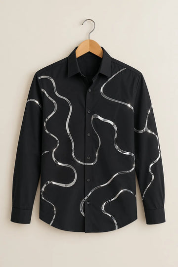 Men's Black Silver Line Print Shirt