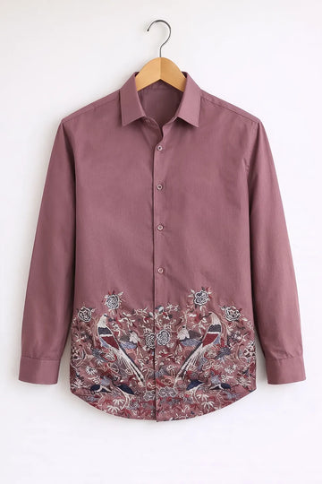 Men’s Mauve Bird Embroidered Printed Shirt