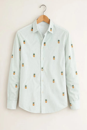 Men’s Mint Pineapple Embroidered Printed Cotton Shirt