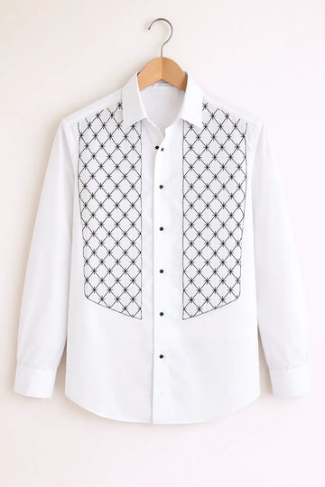 Men’s White Geometric Embroidered Printed Panel Shirt