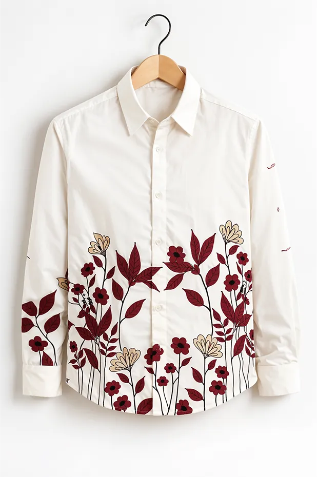 Men’s White Floral Embroidered Printed Cotton Shirt