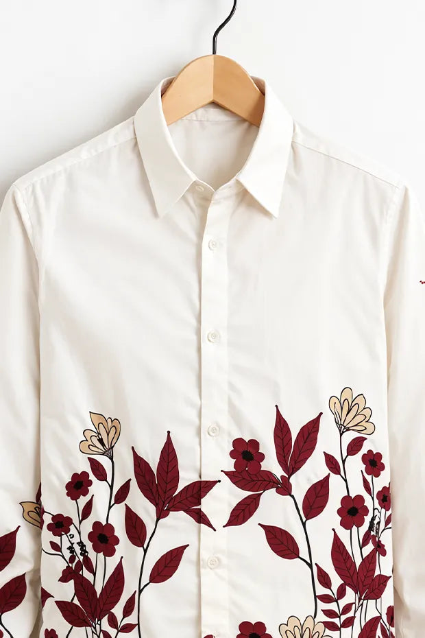Men’s White Floral Embroidered Printed Cotton Shirt