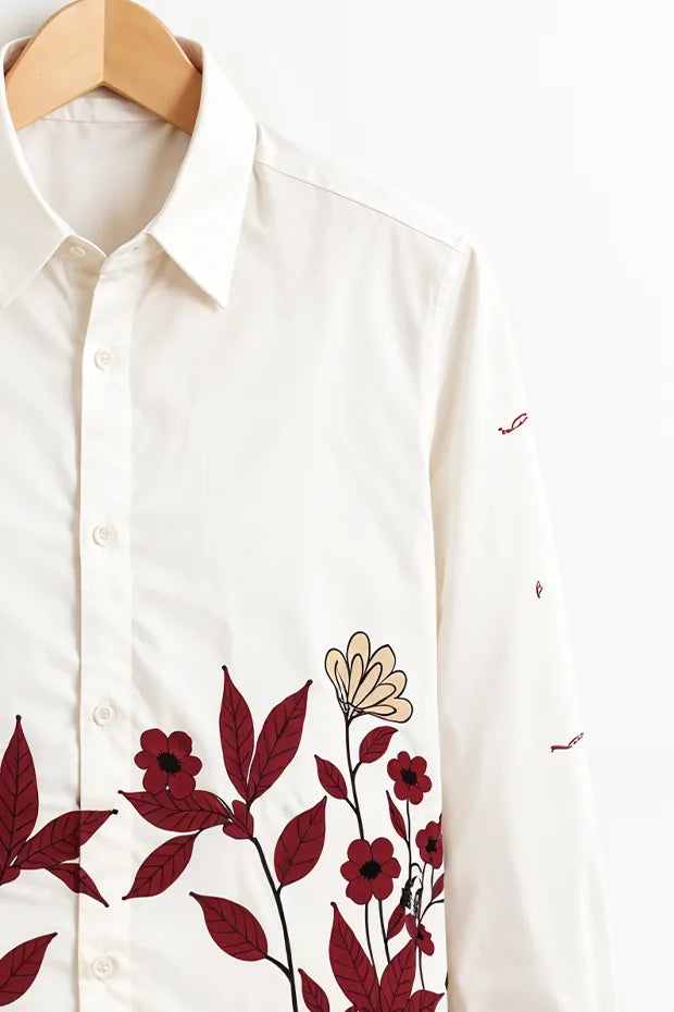 Men’s White Floral Embroidered Printed Cotton Shirt