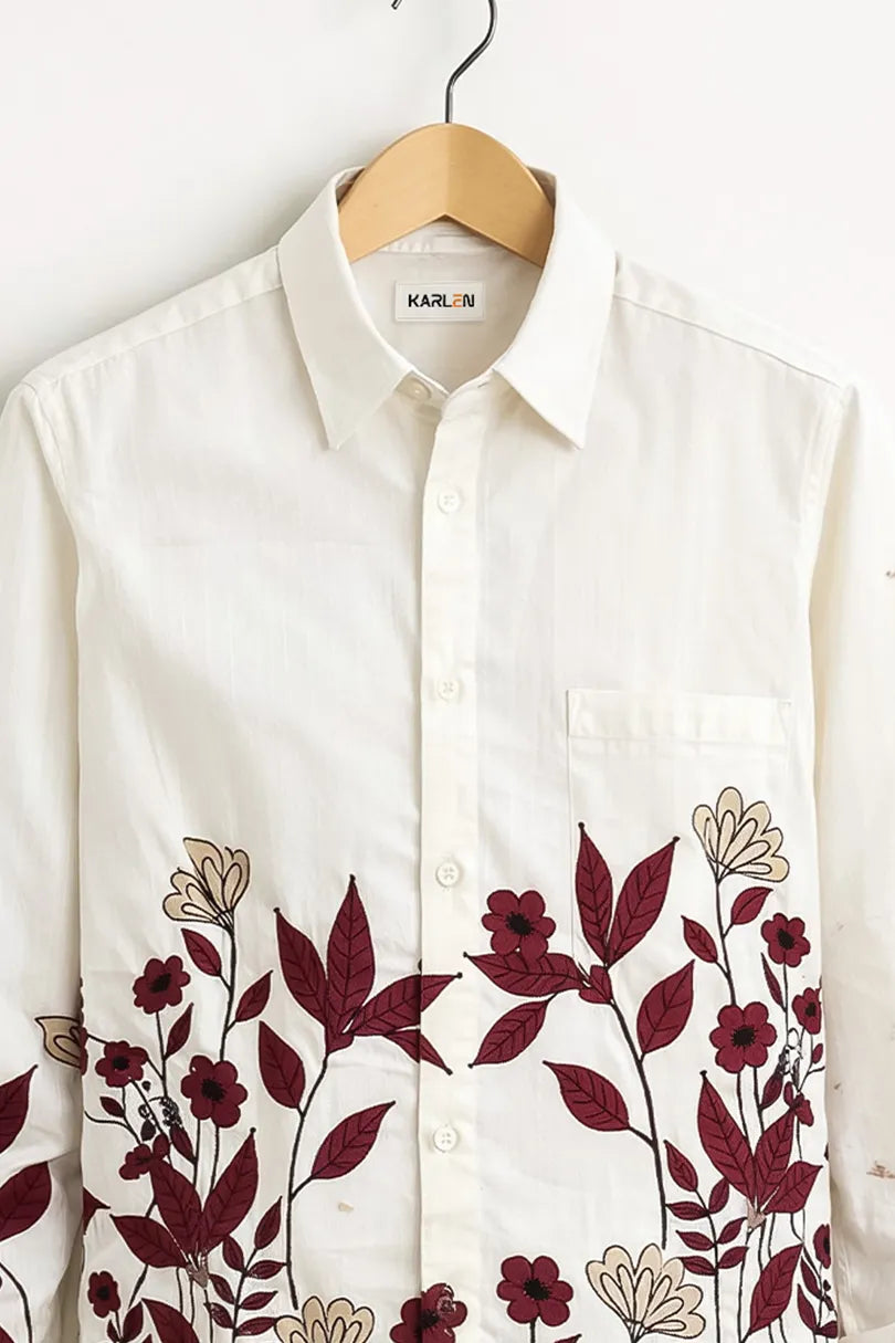 Men’s White Floral Embroidered Printed Cotton Shirt