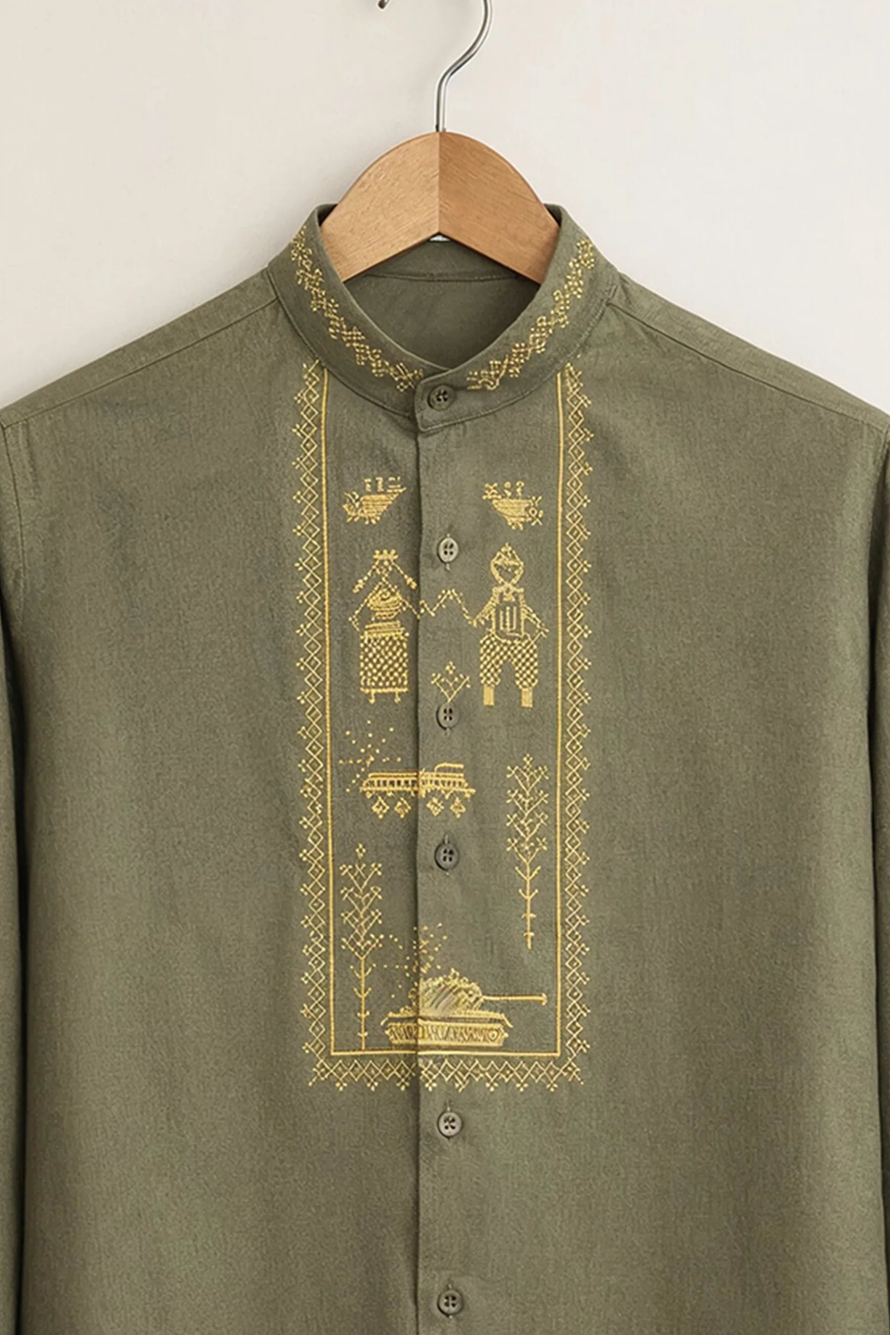 Tribal Embroidery Shirt – Olive Green