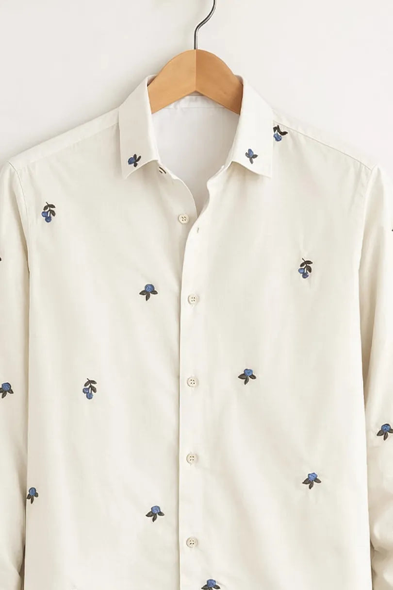 Men’s White Micro Floral Embroidered Printed Shirt