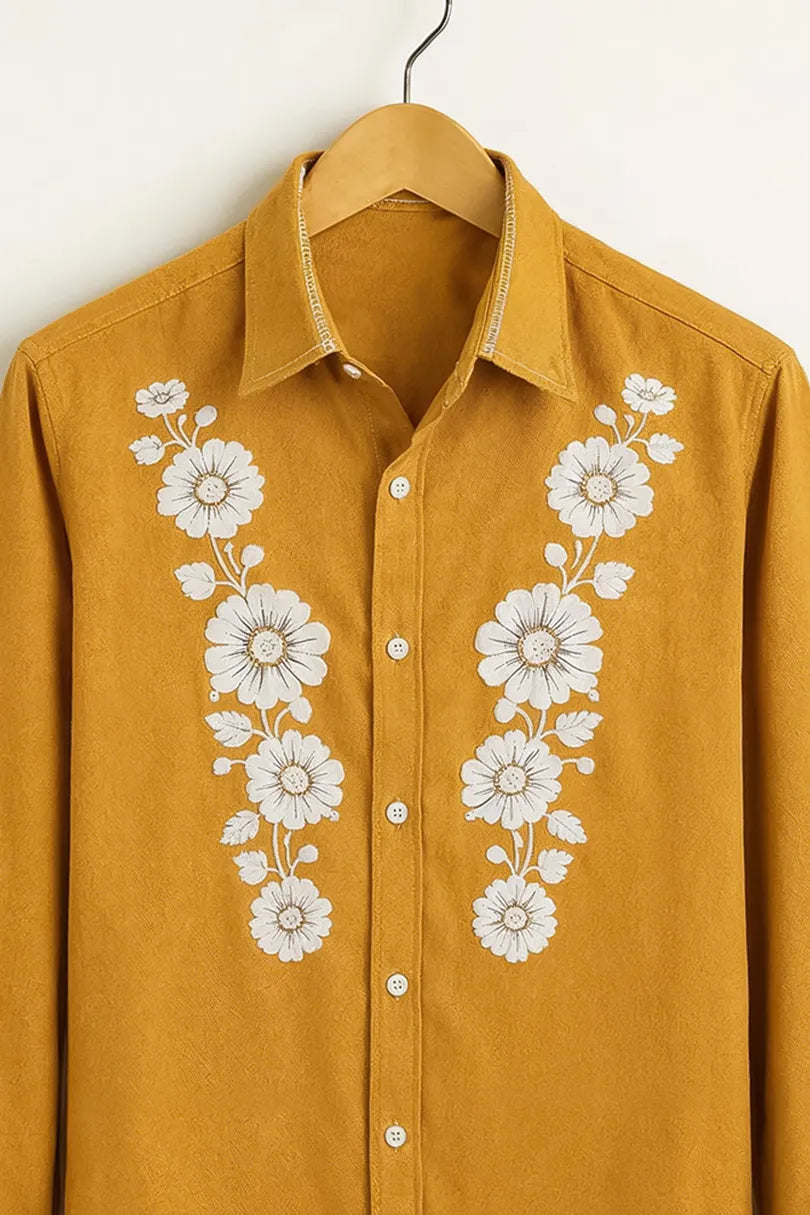 Men’s Mustard Floral Embroidered Printed Cotton Shirt