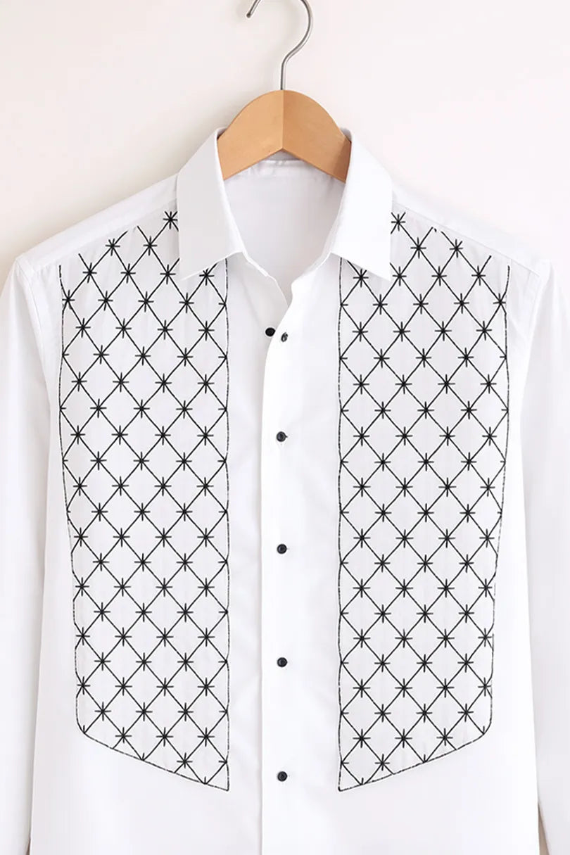 Men’s White Geometric Embroidered Printed Panel Shirt