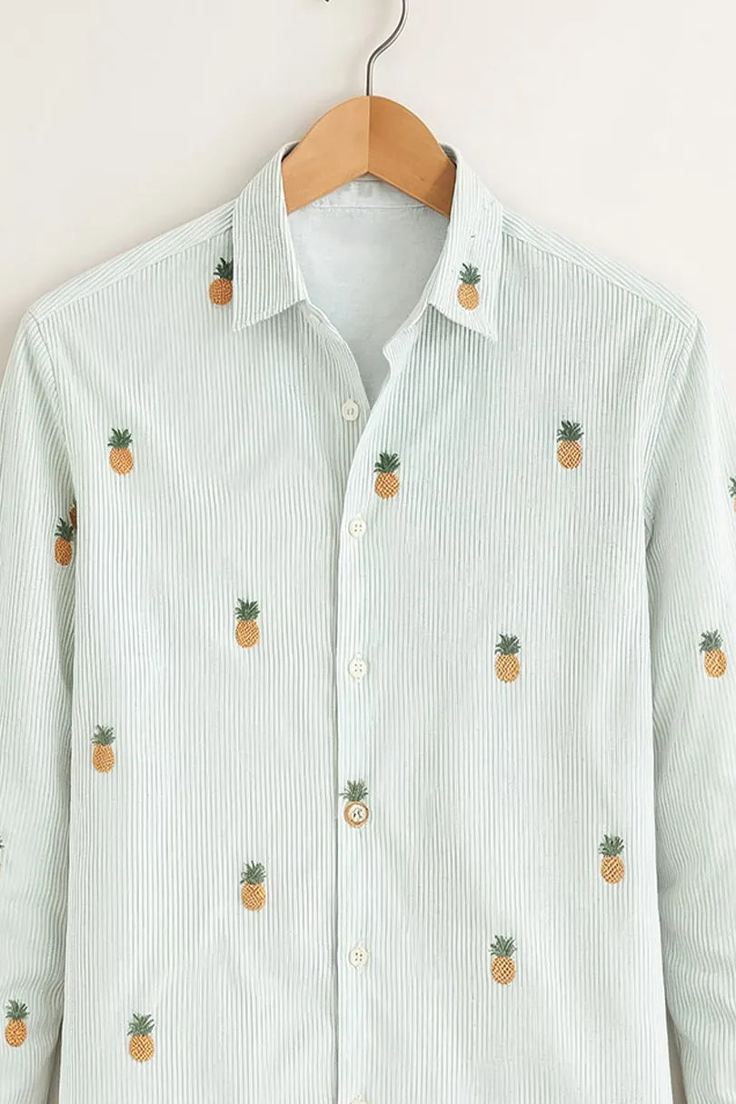 Men’s Mint Pineapple Embroidered Printed Cotton Shirt