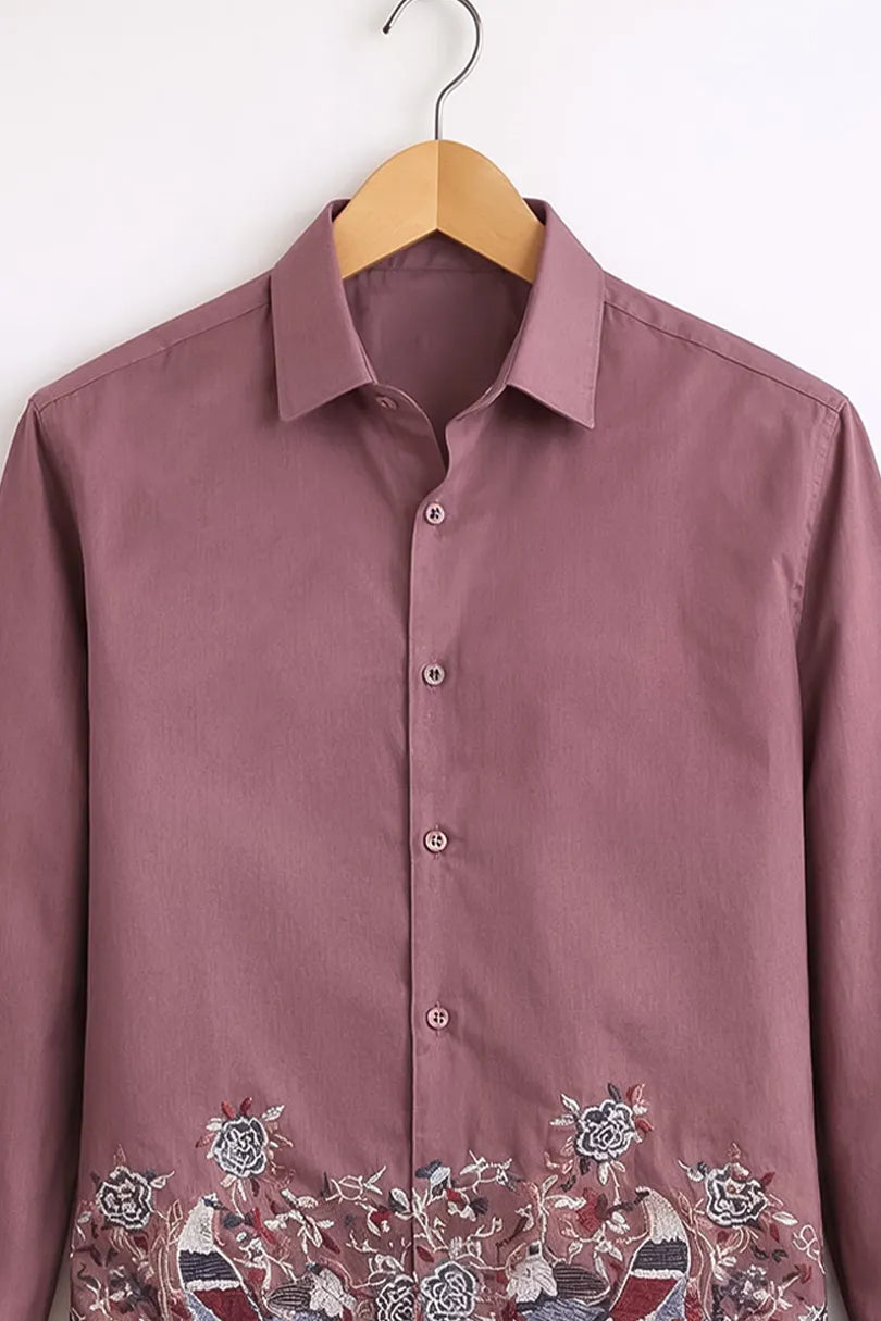 Men’s Mauve Bird Embroidered Printed Shirt