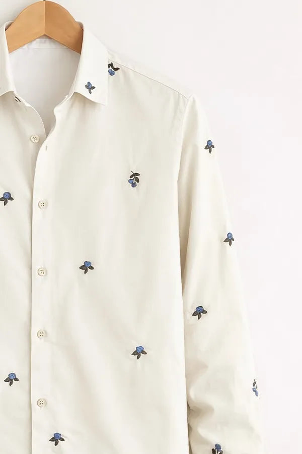 Men’s White Micro Floral Embroidered Printed Shirt