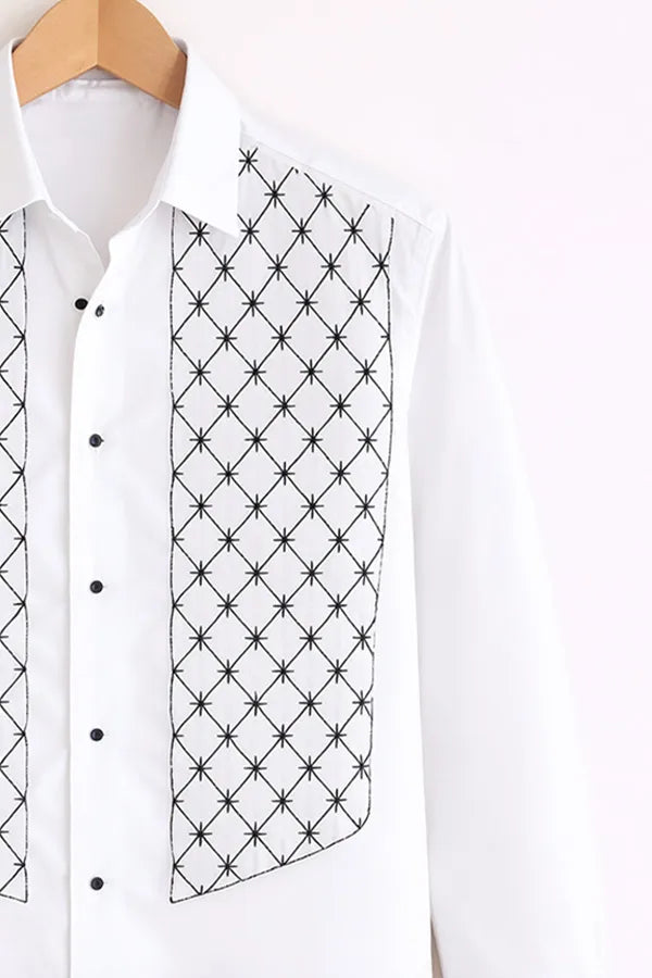 Men’s White Geometric Embroidered Printed Panel Shirt