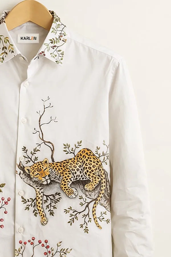 Men’s White Wildlife Printed Cotton Shirt