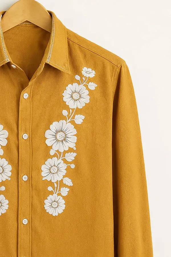 Men’s Mustard Floral Embroidered Printed Cotton Shirt