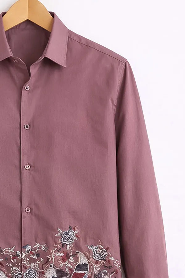 Men’s Mauve Bird Embroidered Printed Shirt