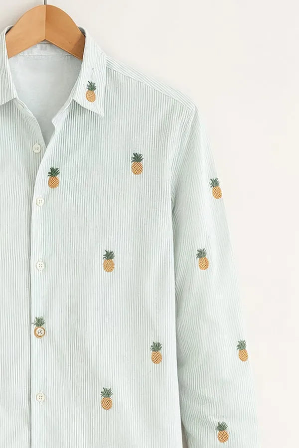 Men’s Mint Pineapple Embroidered Printed Cotton Shirt