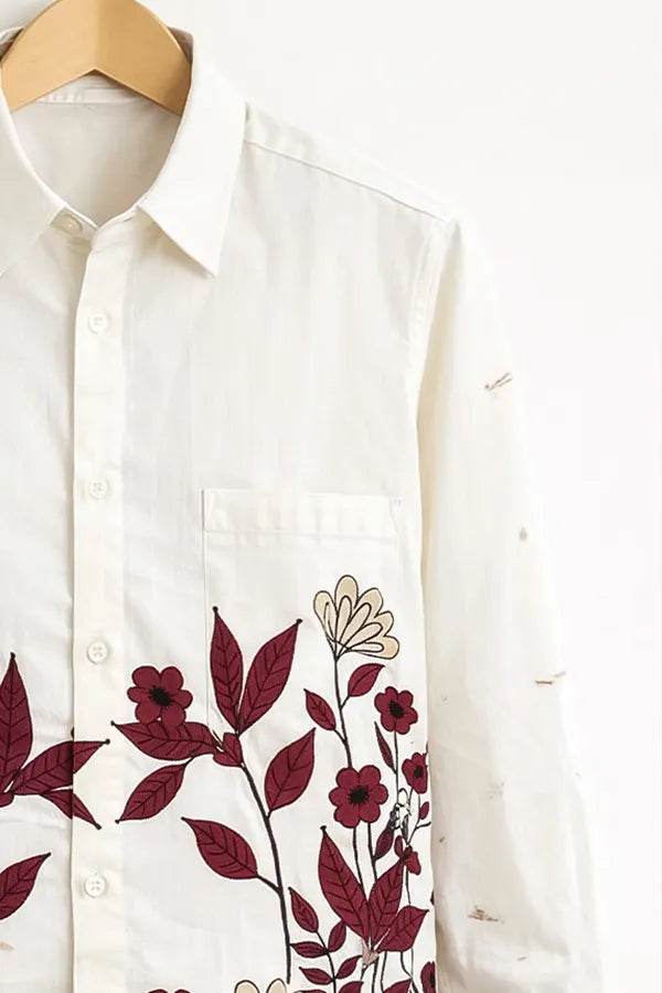 Men’s White Floral Embroidered Printed Cotton Shirt