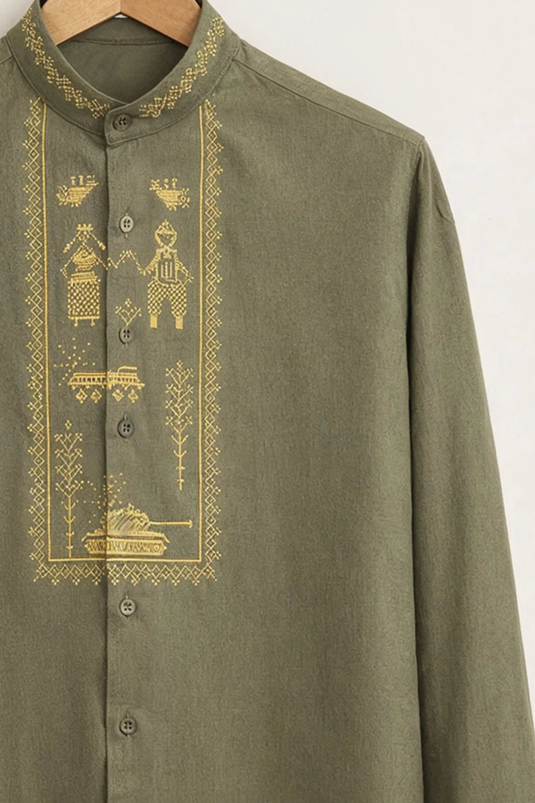 Tribal Embroidery Shirt – Olive Green
